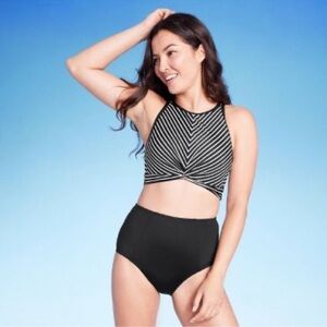 Kona Sol Black and Cream Striped Bikini